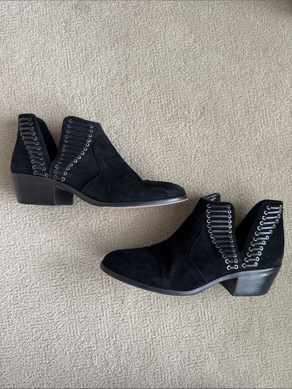 Vince Camuto Pevista Black Suede Cutout Ankle Booties with Eyelet Detail